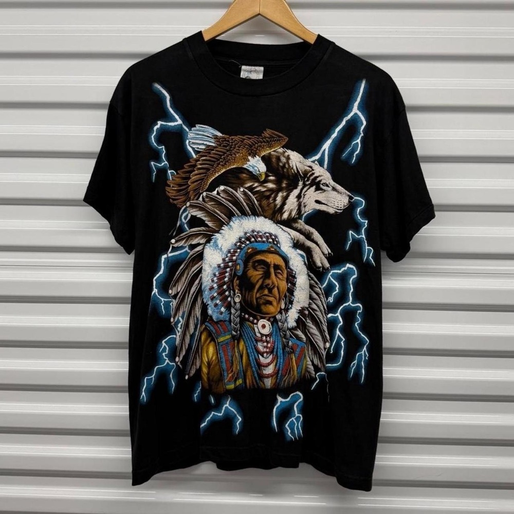 90's American Thunder Native American Wolf Eagle Lightning AOP T-Shirt Size L